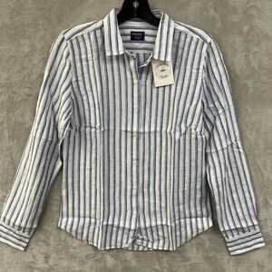Untuckit Shirt Women’s 4 S 100% Linen White Blue‎ Button Up Vertical Stripe New